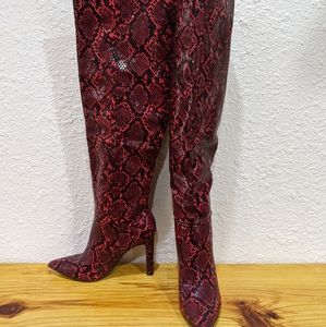 New Red snakeprint knee high heeled boots